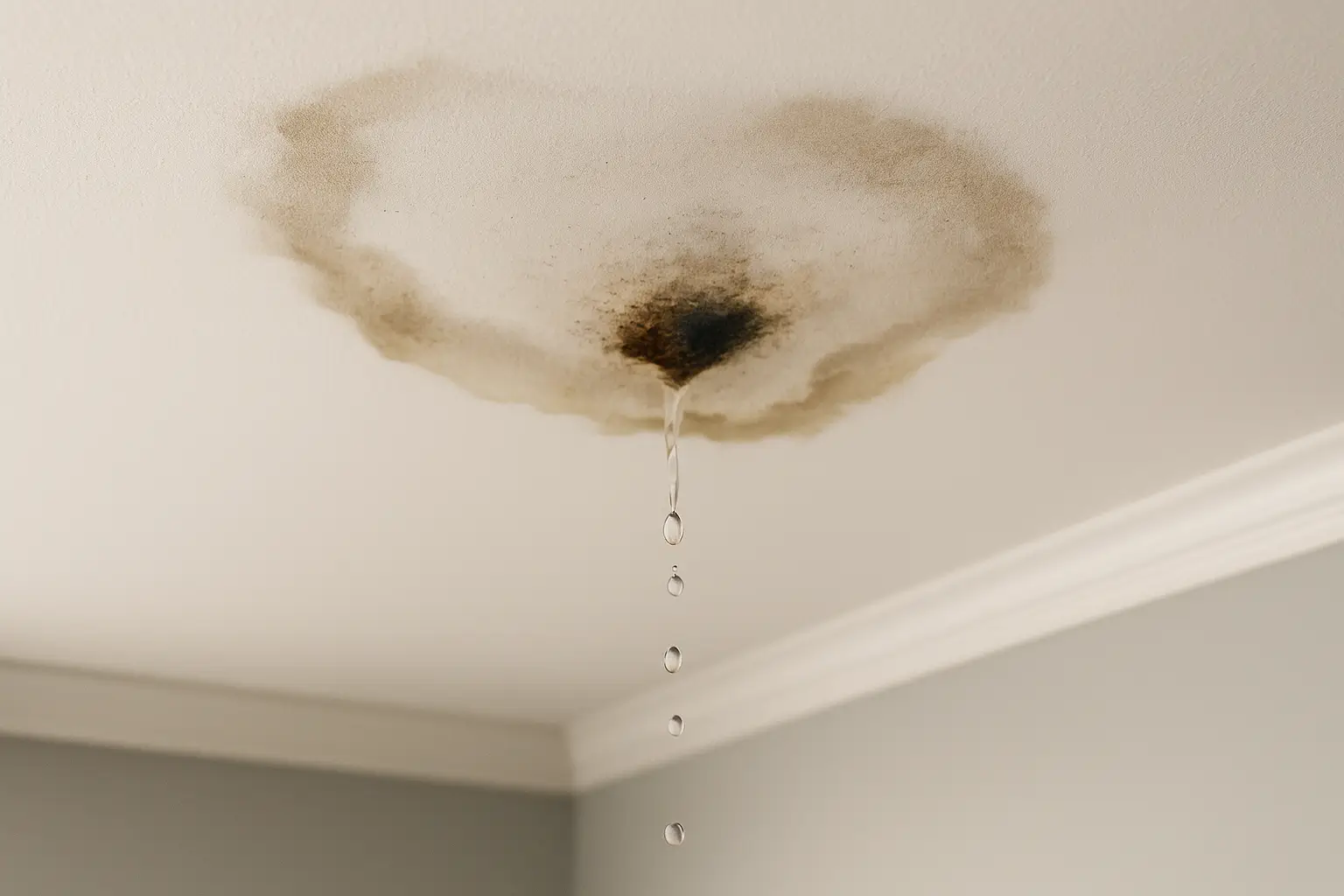 Interior ceiling with a large water stain and droplets actively leaking, showing signs of a severe roof leak