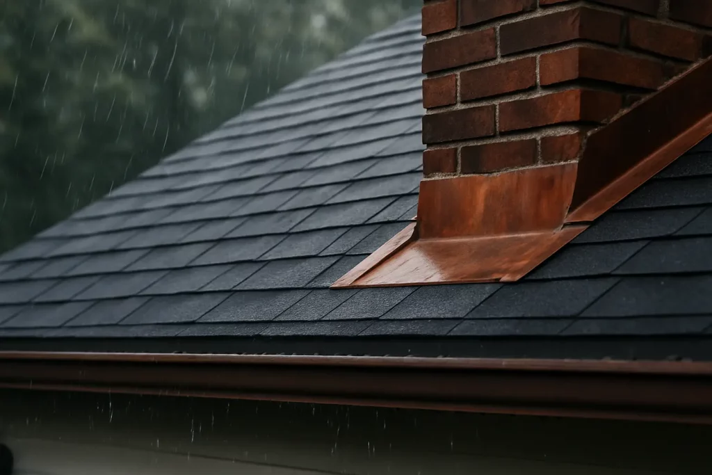 Rain falling on a dark shingle roof with a red brick chimney and copper flashing during an overcast day.