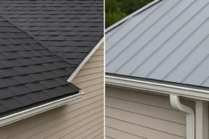 Side-by-side view of asphalt shingles and metal roofing on a beige house
