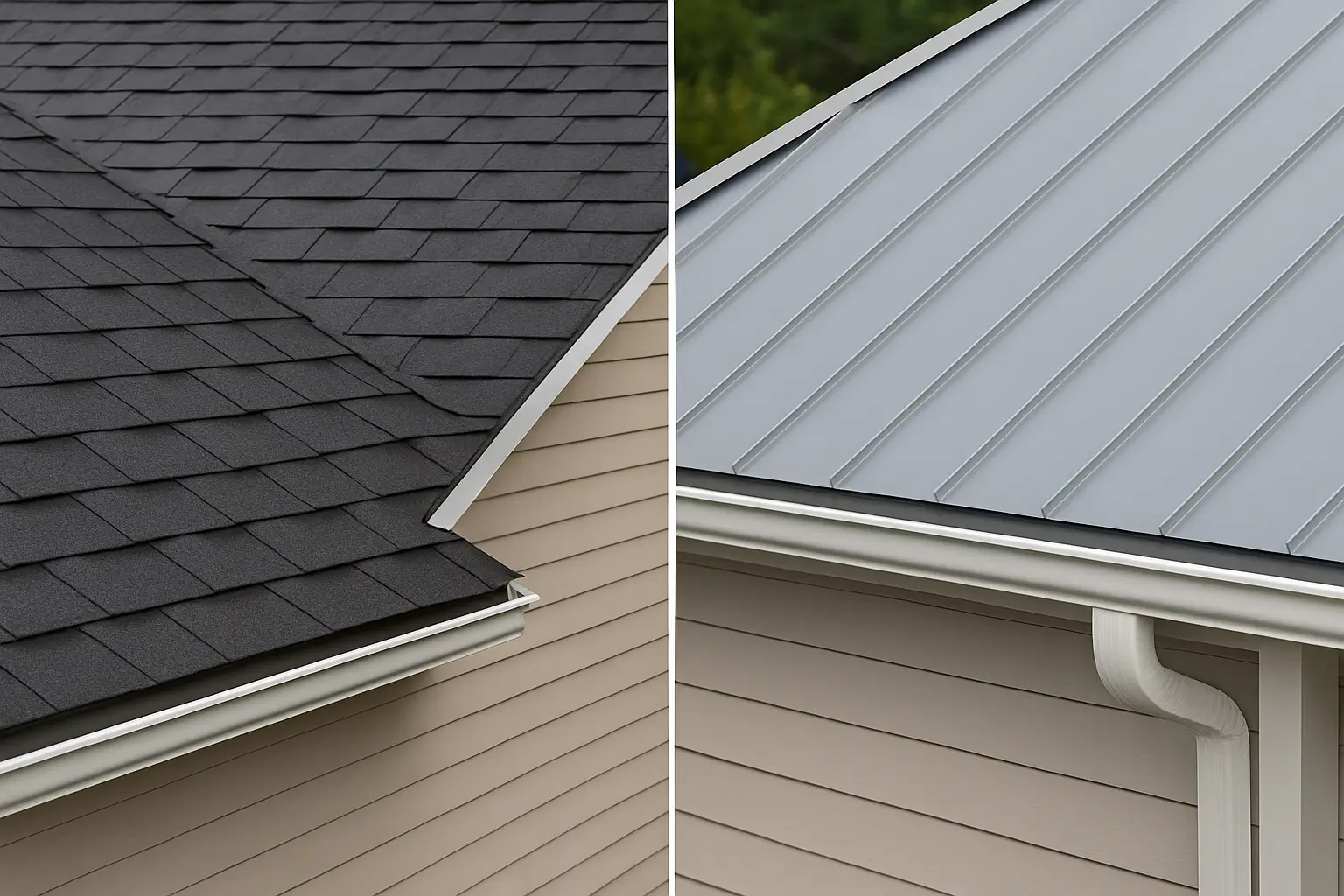 Side-by-side view of asphalt shingles and metal roofing on a beige house