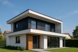 Modern two-story house with a flat roof set against a clear blue sky and green lawn