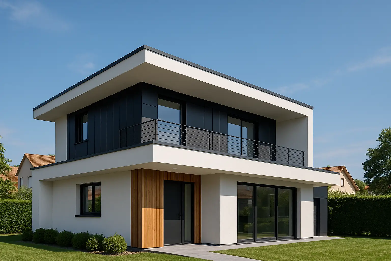 Modern two-story house with a flat roof set against a clear blue sky and green lawn