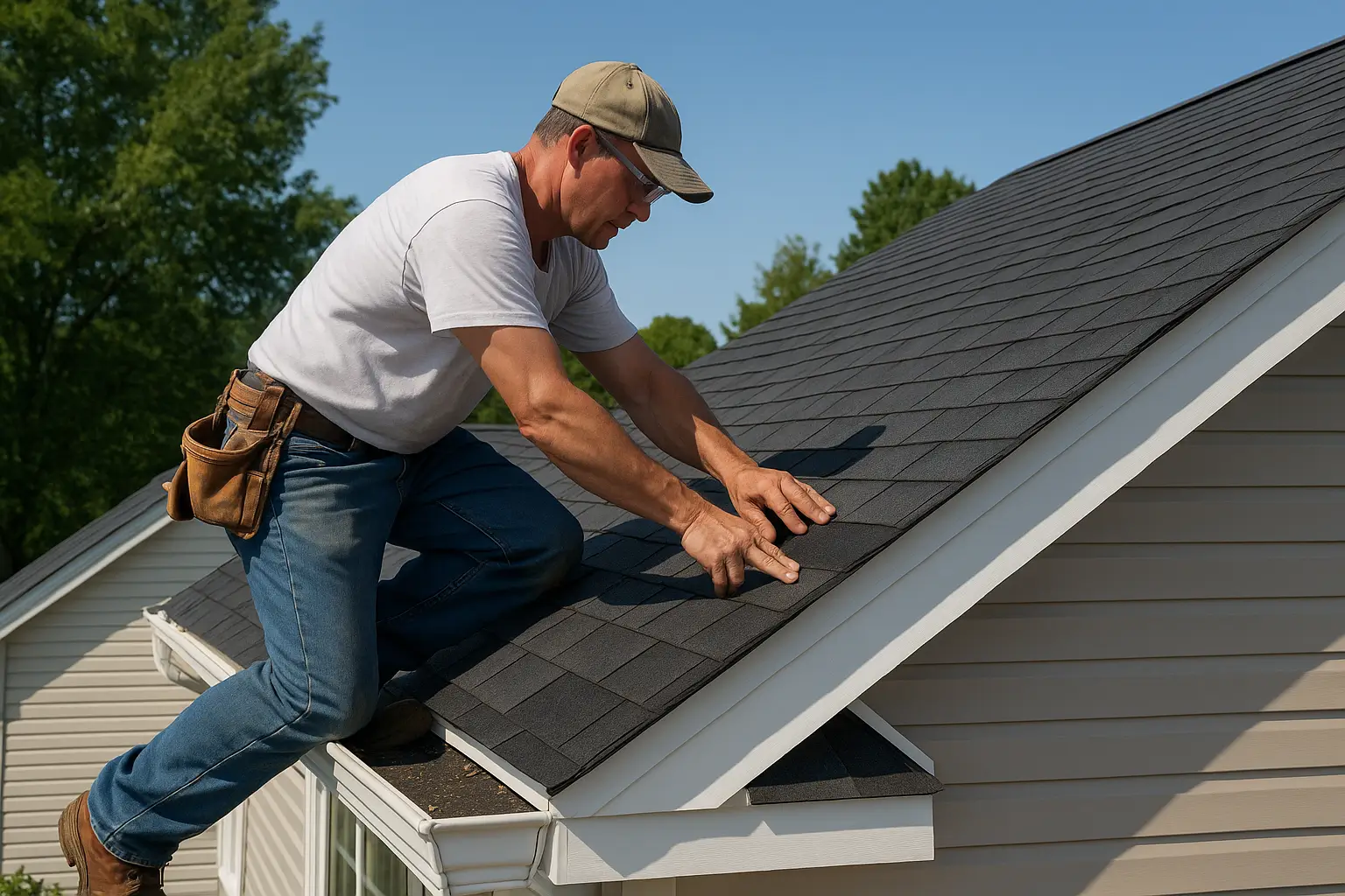 A construction worker installs asphalt shingles on a residential roof.