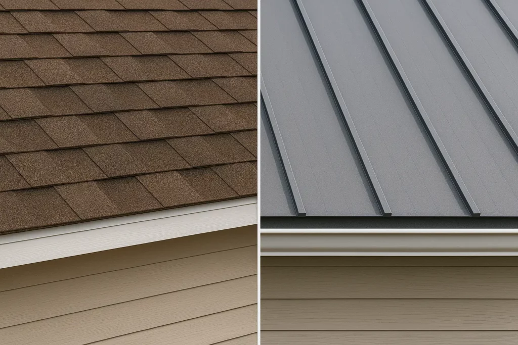 Brown asphalt shingles next to gray metal roofing, separated by white trim.
