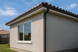 Home exterior with grey stucco