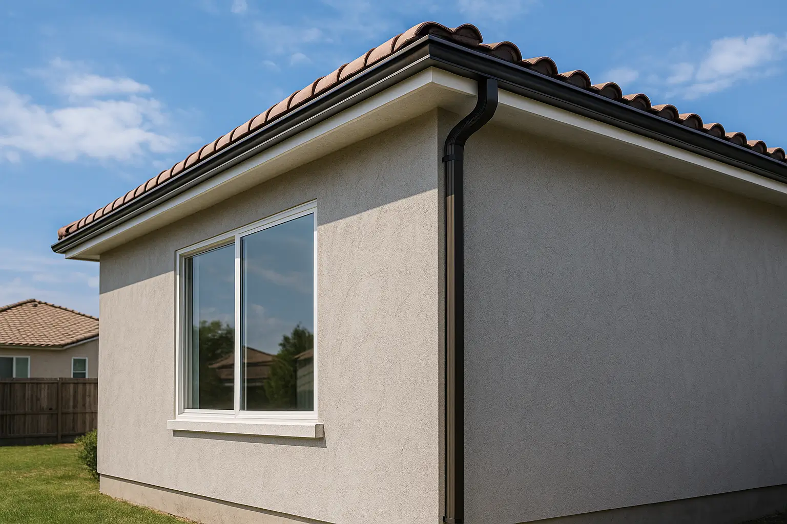 Home exterior with grey stucco