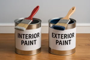 Two paint cans labeled "Interior Paint" and "Exterior Paint," each with a matching brush, placed on a wooden floor in front of a neutral-colored wall.