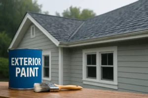 Blue can of exterior paint and a paintbrush resting on a wooden surface in front of a light gray house with white trim, lightly drizzled by rain.